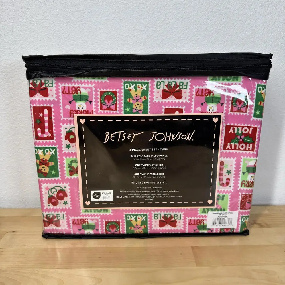Betsey Johnson Christmas 3 Piece‎ Twin Sheet Set Pink Holiday Stamps